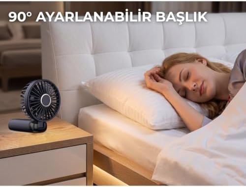 Asonic Dijital Göstergeli Mini USB Fan - 90 Derece Ayarlanabilir Şarj Edilebilir El Vantilatörü, Katlanabilir Taşınabilir Sessiz Masaüstü Siyah Cep Fanı - Görsel 3