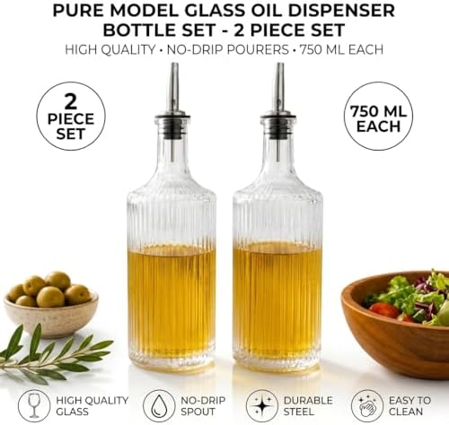 2'li Pure Model Şeffaf Cam Yağdanlık Seti - Optikli (Çizgili) Tasarım, Paslanmaz Akıtmaz Uçlu Yağ ve Sirke Şişesi (750 ml x 2 Adet) - Görsel 3
