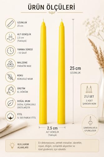 2’li Sarı Şamdan Mum Seti 25 cm – Dekoratif İnce Şamdan Mum, Kokusuz Parafin Wax,%100 Pamuk Fitil, El Döküm, Uzun Süre Yanma (~10 Saat), Şık Sofra, Davet, Nişan, Düğün ve Ev Dekorasyonu İçin Zarif