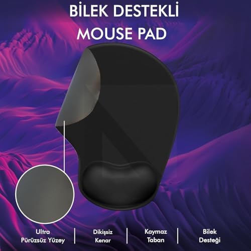 MP01 - Elips Bilek Destekli Mouse Pad | Konforlu, Kaymaz Taban, Ergonomik, Yumuşak, Ev,ofis (Siyah)