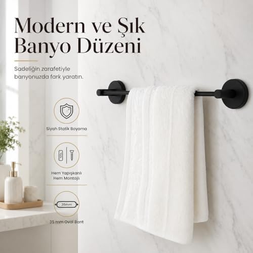 Lotus Siyah Uzun Havluluk, Yapışkanlı ve Vidalı Montajlı Havlu Askısı, Mat Siyah Statik Boyama, 35 mm Oval Bantlı Banyo Havlu Tutucu