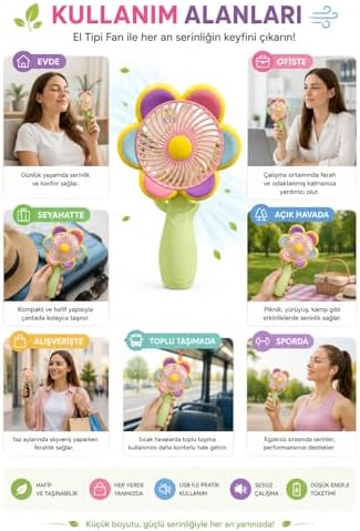 Mini El Fanı USB Şarjlı Type-C Bağlantılı 3 Kademeli Taşınabilir Elektrikli Fan Masaüstü ve El Tipi Kullanım Renk Serinletici Fan Yeşil Pembe Sarı Papatya - Görsel 2