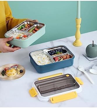 1000ml Lunchbox Tek Katlı 3 Bölmeli Çelik Sefer Tası Yemek Kutusu (Koyu Yeşil) - Görsel 3