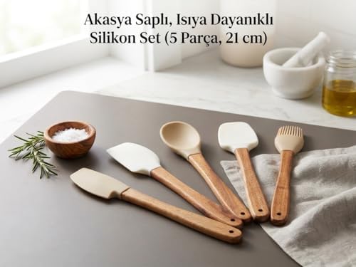 Alternative view of Premium Akasya Odun Saplı Mini Silikon Mutfak Gereçleri Seti - 5 Parça, Isıya Dayanıklı, Yapışmaz Yüzey Dostu, Bej ve Ekru Renk Seçenekli