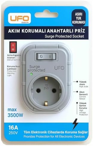 Yeni Tekli Akım Korumalı Anahtarlı Topraklı Priz, Sürekli Koruma, 16A 250V, Max 3500W Aşırı Yük Koruması (Gri) - Görsel 3