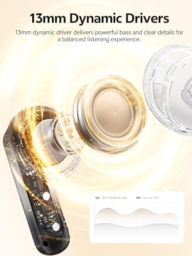 QCY MeloBuds N20 Aktif Gürültü Önleyici Kablosuz Kulaklıklar, 6 Mikrofonlu 50dB ANC Kulaklıklar ENC Clear Call, 13mm Dinamik Sürücü, 40H Pil Ömrü, Bluetooth 6.0 (Siyah) - Görsel 3