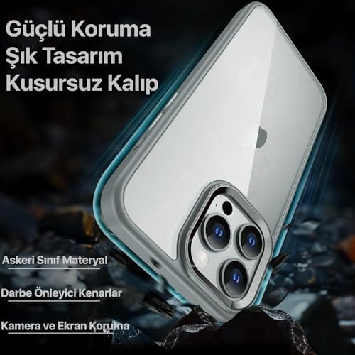 iPhone 15 Pro Max için Hybrid Serisi Arkası Kristal Şeffaf Polikarbonat Kenarları Silikon Kamera Lens Çerçevesi ve Tuşları Metal Yüksek Kalite Şeffaf Silikon Kılıf (Titanyum Gri, Klasik) - Görsel 2
