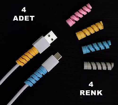 4 Adet Spiral Esnek Silikon Kablo Koruyucu iPhone - Micro USB ve TYPE-C ve Diğer Tüm Kablolar İçin Uygun Kablo Koruyucu 4 Farklı Renk - Görsel 3
