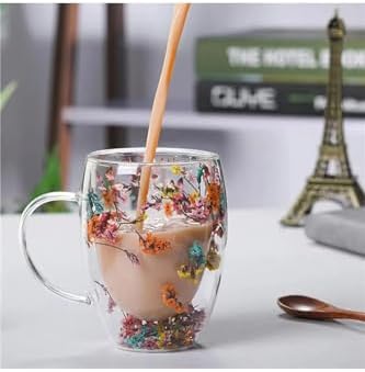 350 ml Isıya Dayanıklı Borosilikat Çift Çidarlı Flower Cup Bardak Çiçekli Kahve Sunum Bardağı - Görsel 3
