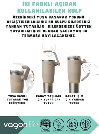 Tumbler 950ml Pipetli/Pipetsiz Kullanım Fonksiyonel Kulplu Paslanmaz Çelik Termos (Açık Mavi) - Görsel 2