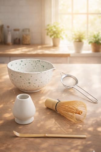 5 Parça Profesyonel Matcha Hazırlama Seti - Çelik Süzgeç, Bambu Çırpıcı, Kase, Tutucu ve Kaşık - Görsel 3