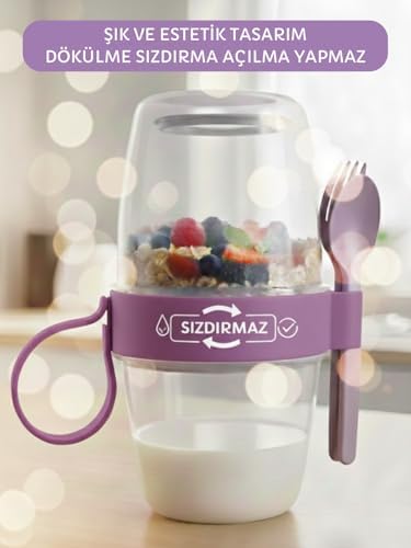 Beylini 3 lü Set Taşınabilir Kaşık+Çatal Kapaklı Yoğurt Müsli Granola Yemek Diyet Saklama Kabı Take and Go Bardak Kahvaltı Salata Hazırla Çık - Görsel 3