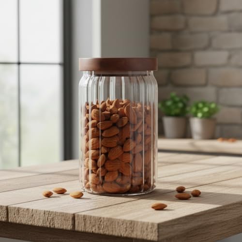 Alternative view of Akasya Kapaklı Çizgili Cam Kavanoz (750 ml) | Hava Geçirmez, Modern Fitilli Tasarım Gıda Saklama Kabı | Bakliyat, Kahve, Çay ve Kuruyemiş Kavanozu (9x15 cm)