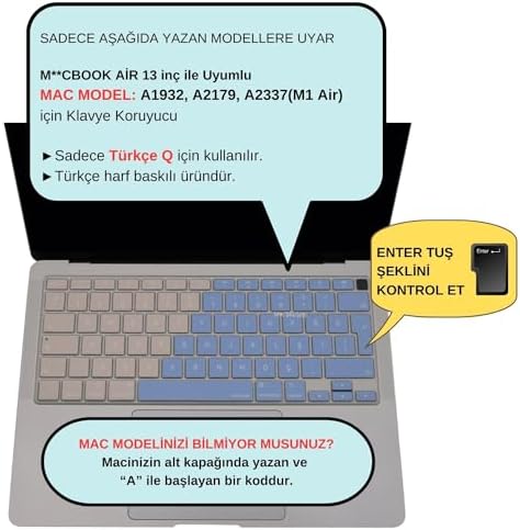 Türkçe Q Klavye Koruyucu MacBook Air 13 A1932 A2179 A2337 M1 Uyumlu | UK ISO Ters L Enter | Ultra İnce Silikon Keyboard Cover Mavi Pembe - Görsel 3