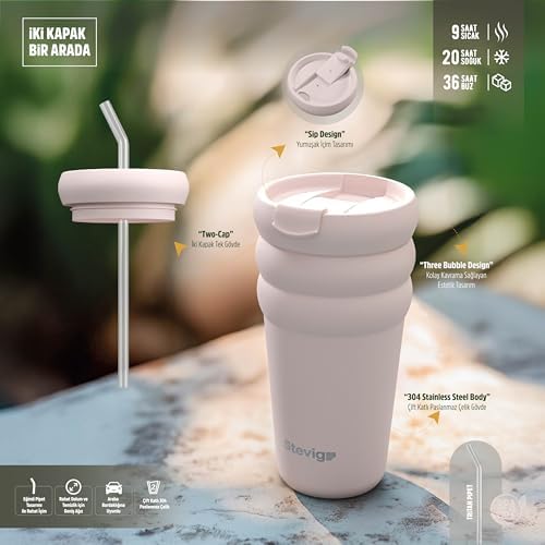 3 Bubble Two-Cap Straw Tumbler Çelik Termos 600 ML Lilac Hint ST-245 - Görsel 3