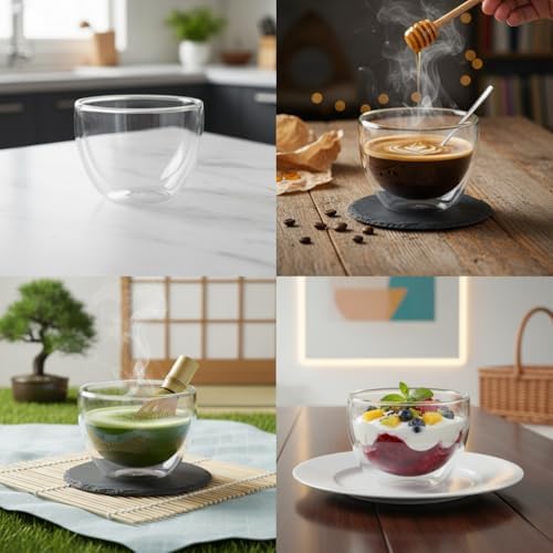 Alternative view of 1 Adet Çift Cidarlı Borosilikat Cam Kase (250 ml) - Isı Yalıtımlı, El Yakmayan Şeffaf Servis Kasesi | 9x7.5 cm | Tatlı, Yoğurt, Çorba Kasesi