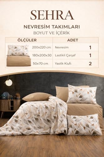 Alternative view of Lüks%80 Pamuklu Çift Kişilik Nevresim Takımı Seti Yorgan Kılıfı Krem Yaprak Desen 200x220 cm + Lastikli Battal Boy Çarşaf 180x200x30 cm +2 Yastık Kılıflı 50x70 cm