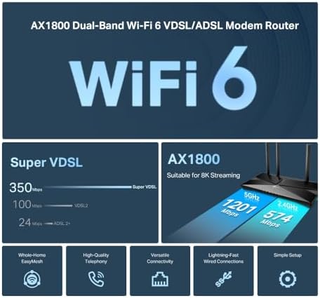 VX1800v, AX1800 Mbps Çift Bantlı Fiber Destekli Wi-Fi 6 VDSL/ADSL Modem Router, 4 Gigabit LAN Portları + 1 USB 2.0 Port, MU-MIMO, Super VDSL, Tether Uygulaması ile Kolay Kurulum