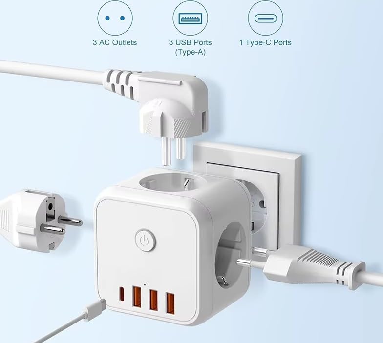 3 Ac Priz Soketli 3 USB+TYPE-C Akım Korumalı, 7 in 1 Priz, 16A Maks, 4000W - Görsel 3