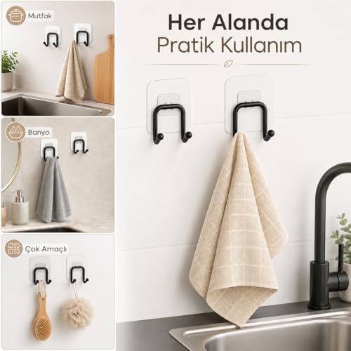 Alternative view of 2’li Güçlü Kancalı Askılık Siyah – Yapışkanlı Duvar Askısı, Delmeden Montajlı Havlu ve Bez Askısı, Banyo, Mutfak ve Çamaşır Odası İçin Pratik Askı Seti