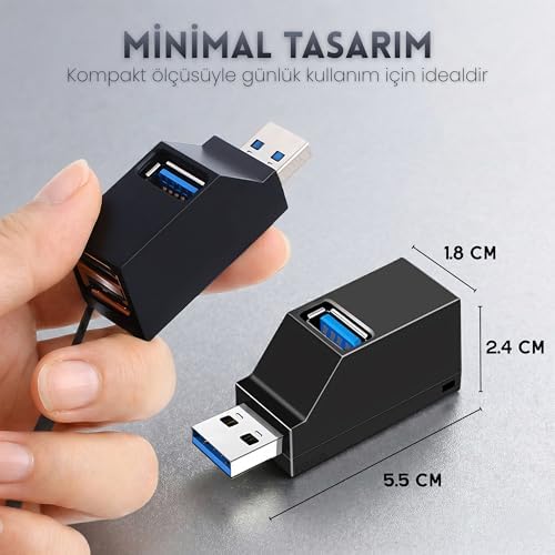 USB Çoklayıcı Hub 3 Port Switch - 1x USB 3.0 + 2x USB 2.0 - Laptop, PC için USB Çoğaltıcı Adaptör - Kolay Taşınabilir Bileklik İpli Splitter - Siyah