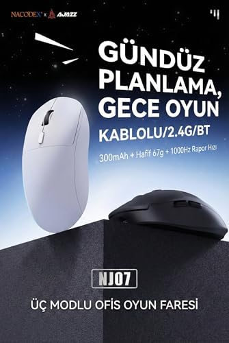 Kablosuz Gaming Mouse 12800 DPI 3 Modlu Bluetooth 2.4G USB Kablolu 1000Hz Raporlama Hızı 67g Ultra Hafif 6 Tuş 300mAh Şarjlı Ofis Oyuncu Mouse | NJ07 (Beyaz - NJ07) - Görsel 3