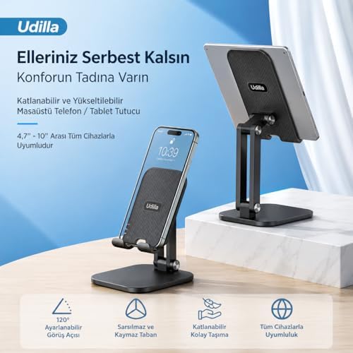 Alternative view of Katlanabilir Masaüstü Telefon ve Tablet Standı, Ayarlanabilir Katlanır Telefon Tutucu (Siyah)