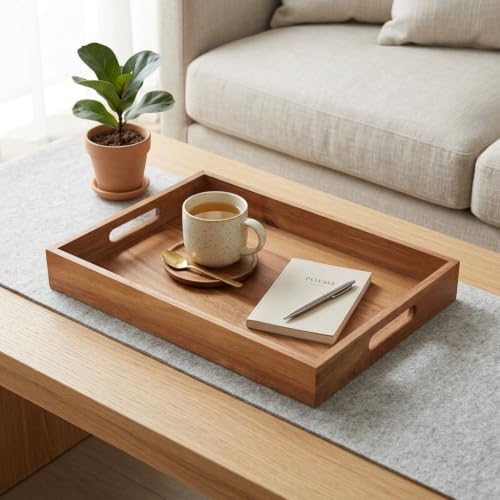 Büyük Boy Akasya Ahşap Sunum Tepsisi (40x30 cm) - Doğal Ahşap Çay, Kahve ve Kahvaltı Tepsisi, Kulplu Tasarım - Görsel 3