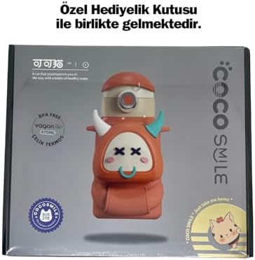 Alternative view of Cocosmile 470ml Sevimli Ses Çıkaran Kılıflı Pipetli Askılı Çelik Termos Çocuk Matarası