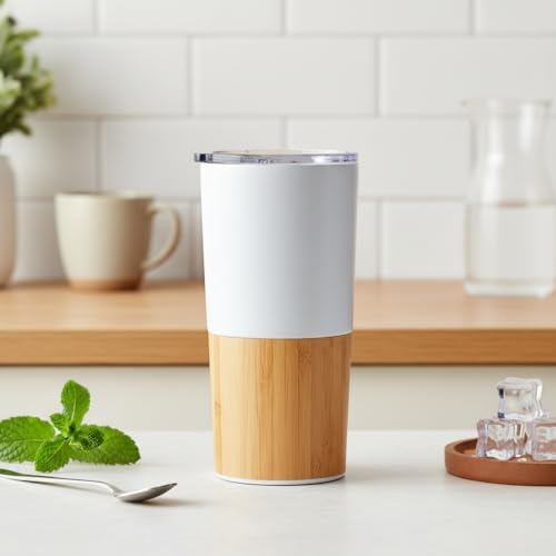 600 ml Bambu Tabanlı Çelik Termos Mug - 5 Farklı Renk Seçenekli Sıcak ve Soğuk Tutucu Seyahat Bardağı (BEYAZ) - Görsel 3
