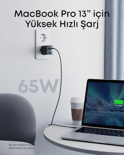PowerPort III Hızlı Şarj Cihazı, 65W, GaN II Teknolojisi, 3 Portlu (2x USB-C, 1x USB-A) Kompakt Adaptör, PPS Hızlı Şarj Cihazı, Siyah - A2667