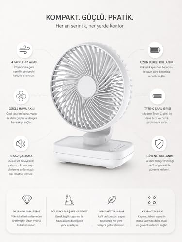 YK Şarjlı Masaüstü Vantilatör USB Type-C – 4 Kademeli Hız, Sessiz Çalışma, Taşınabilir Mini Fan, Uzun Batarya, 90° Ayarlanabilir Başlık, Ofis Ev Kullanım Fan Vantilatör
