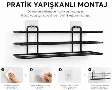 Alternative view of Yapışkanlı Siyah 2 Adet Tek Katlı Düz Şampuanlık Tş01, Delmeye Son, Matkap Vida Yok