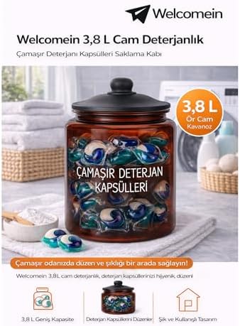 3,8 L Cam Deterjanlık Kavanoz – Amber Renk, Kapaklı “LAUNDRY DETERGENT CAPSULES” Saklama Kabı, Çamaşır Deterjan Kapsülü ve Pod Düzenleyici - Görsel 3