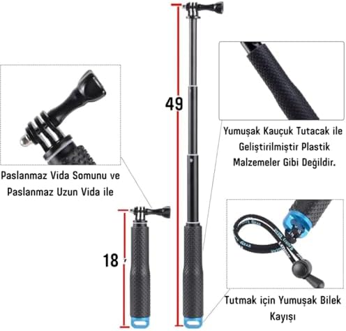 GoPro İle Uyumlu Selfie Çubuğu,GoPro/DJI İle Uyumlu Aksiyon Kamera Selfie Çubuğu,Alüminyum Gövde,Su Altı Kullanımına Uygun Paslanmaz Vida,Kaymaz Kauçuk Sap,Bilek Kayışı & Spor – Seyahat – Vlog İÇİN