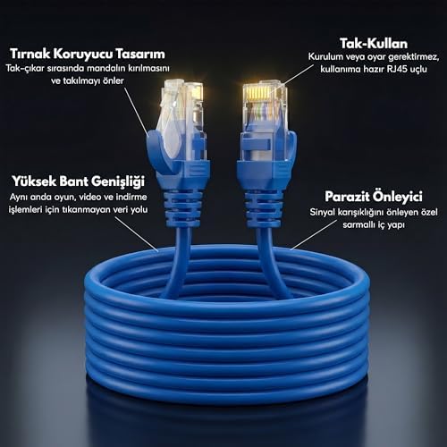 Cat6 Ethernet Kablosu (5 METRE) - 1000 Mbps’e Kadar Veri aktarımı - Fabrikasyon RJ45 Konnektörlü - Mavi