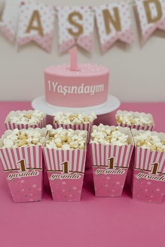 Alternative view of 1 Yaş Doğum Günü Pembe Popcorn Kutusu, 8 Adet, Çizgili ve Puantiyeli Tasarım, Parti Süslemesi