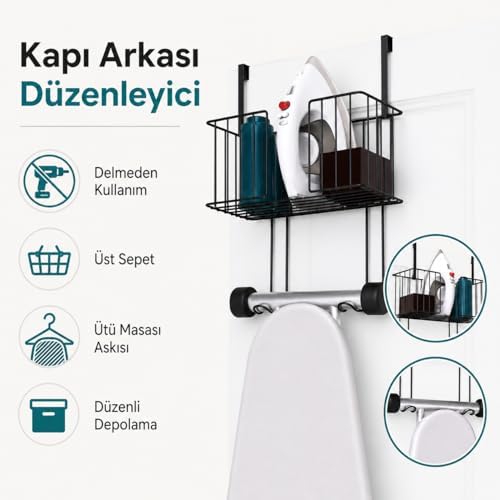 Alternative view of Alper Banyo Kapı Arkası Ütü Masası Askılığı Siyah, Sepetli Kapı Arkası Düzenleyici, Delmeden Kullanımlı Ütü ve Ütü Masası Tutucu