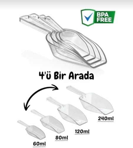 4’lü Ölçü Kaşığı Seti 60-80-120-240 ml – Şeffaf Çok Amaçlı Ölçü Küreği | BPA Free Mama, Bakliyat ve Kahve İçin - Görsel 3