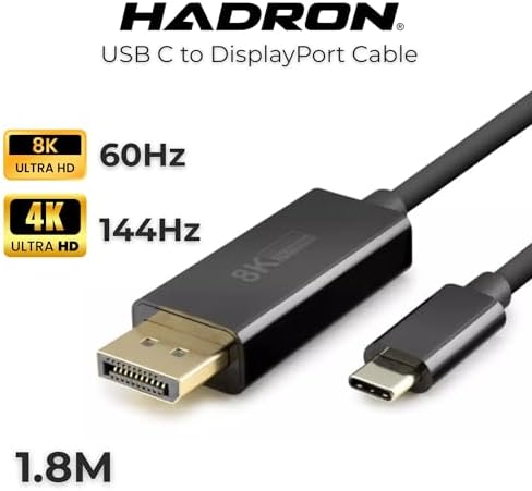 Alternative view of Hadron Type-C to DisplayPort Kablo - 8K 60Hz / 4K 144Hz Destekli, 1.8 Metre, Thunderbolt 3/4 Uyumlu, MacBook, iPad ve Yeni Nesil Laptoplar için DP Dönüştürücü Görüntü Kablosu (Siyah)