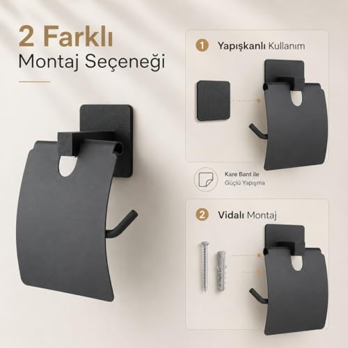 Alternative view of Kare Kapaklı Tuvalet Kağıtlığı Siyah, Yapışkanlı ve Vidalı Montajlı Metal WC Kağıtlık, Modern Banyo Tuvalet Kağıdı Askısı