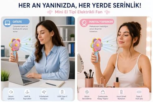 Mini El Fanı USB Şarjlı Type-C Bağlantılı 3 Kademeli Taşınabilir Elektrikli Fan Masaüstü ve El Tipi Kullanım Renk Serinletici Fan Mavi Pembe Sarı Papatya - Görsel 2