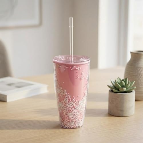 Pipetli Çift Katmanlı Soğuk İçecek Bardağı – Boncuklu Tasarımlı Kapaklı Pipetli Bardak 20 cm, Smoothie ve Soğuk İçecekler için Yeniden Kullanılabilir Bardak - Görsel 3