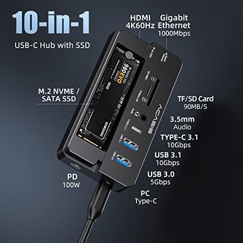 ACASIS NVMe M.2 SSD ve SATA SSD Muhafazalı USB-C HUB 10'u 1 Arada Yerleştirme İstasyonu 100W Güç Dağıtım Desteği Windows/MAC/Android Cep Telefonu için 8 TB (Siyah) - Görsel 3