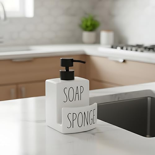 Alternative view of Beyaz Seramik Sıvı Sabunluk ve Süngerlik Seti | 500 ml | Mutfak ve Banyo Tezgahı İçin 2'si 1 Arada | Kaymaz Tabanlı, Şık Bulaşık Sabunu Dispenseri