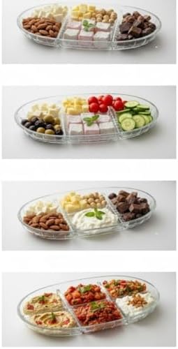 Şık Tasarımlı 3 Bölmeli Cam Kahvaltılık – 27x15 cm Dayanıklı Servis Tabağı, Çok Bölmeli Sunum Kabı, Çizgili Desen Modern Cam Meze ve Atıştırmalık Tabağı