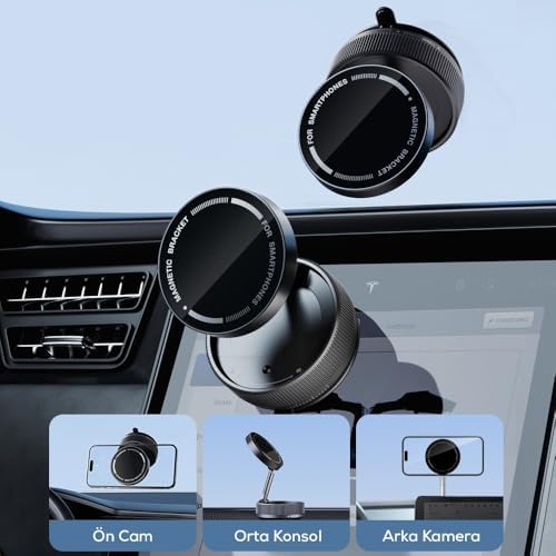 360° Dönebilen Manyetik Telefon Tutucu, Vakumlu Araç İçi Montaj, Universal Uyumlu