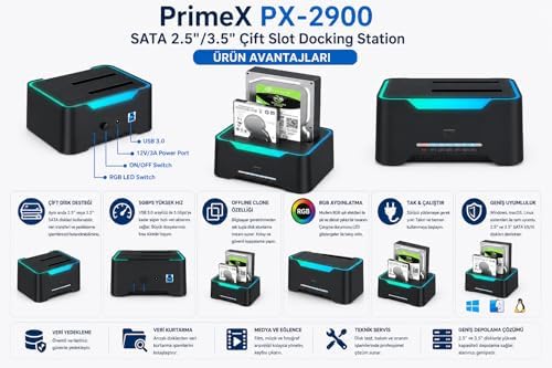 PX-2900 SATA 2.5/3.5 İnç HDD SSD Docking Station, USB 3.0 Çift Slot Harici Disk Okuyucu, RGB Işıklı Offline Clone Klonlama Özellikli SATA Disk Kopyalama ve Veri Aktarım İstasyonu - Görsel 3
