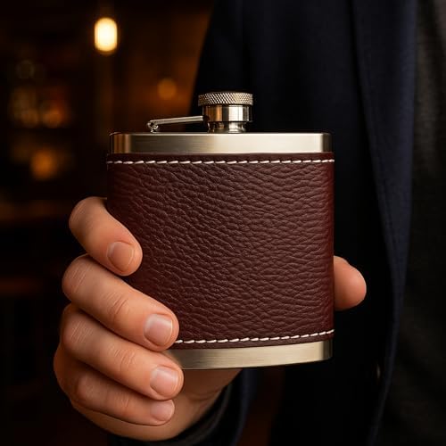 Perlotus 5 Oz-150 cc Hunili Kahve Brown Deri Kılıf Çelik Viski İçki Konyak Matarası - Görsel 3