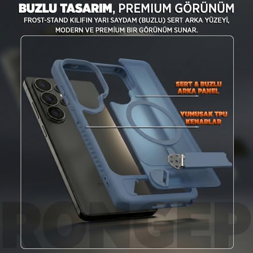 [Frost-Stand]  Galaxy S26 Ultra için Kılıf Yatay Stantlı Manyetik [MagSafe ile Uyumlu] S26 Ultra Koruyucu Darbeye Dayanıklı Arkası Sert ve Yarı Saydam  S26 Ultra Kılıf (Mavi)